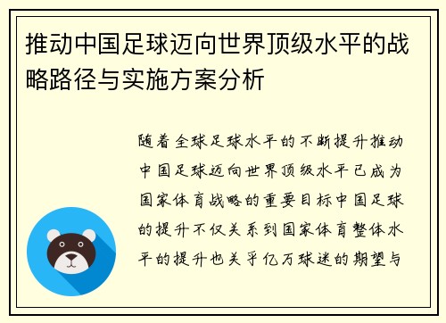 推动中国足球迈向世界顶级水平的战略路径与实施方案分析