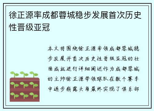 徐正源率成都蓉城稳步发展首次历史性晋级亚冠