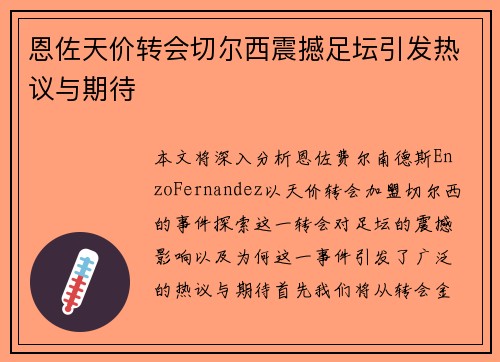 恩佐天价转会切尔西震撼足坛引发热议与期待