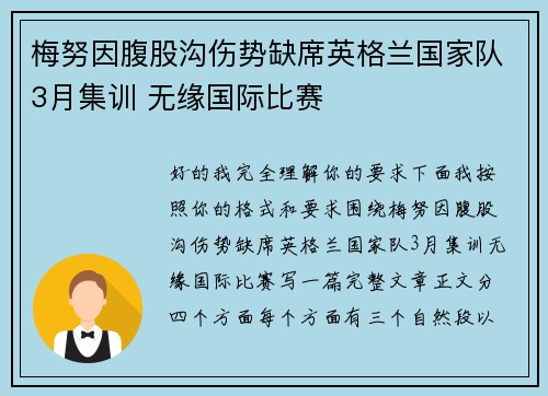 梅努因腹股沟伤势缺席英格兰国家队3月集训 无缘国际比赛
