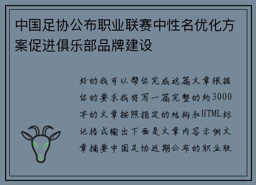 中国足协公布职业联赛中性名优化方案促进俱乐部品牌建设